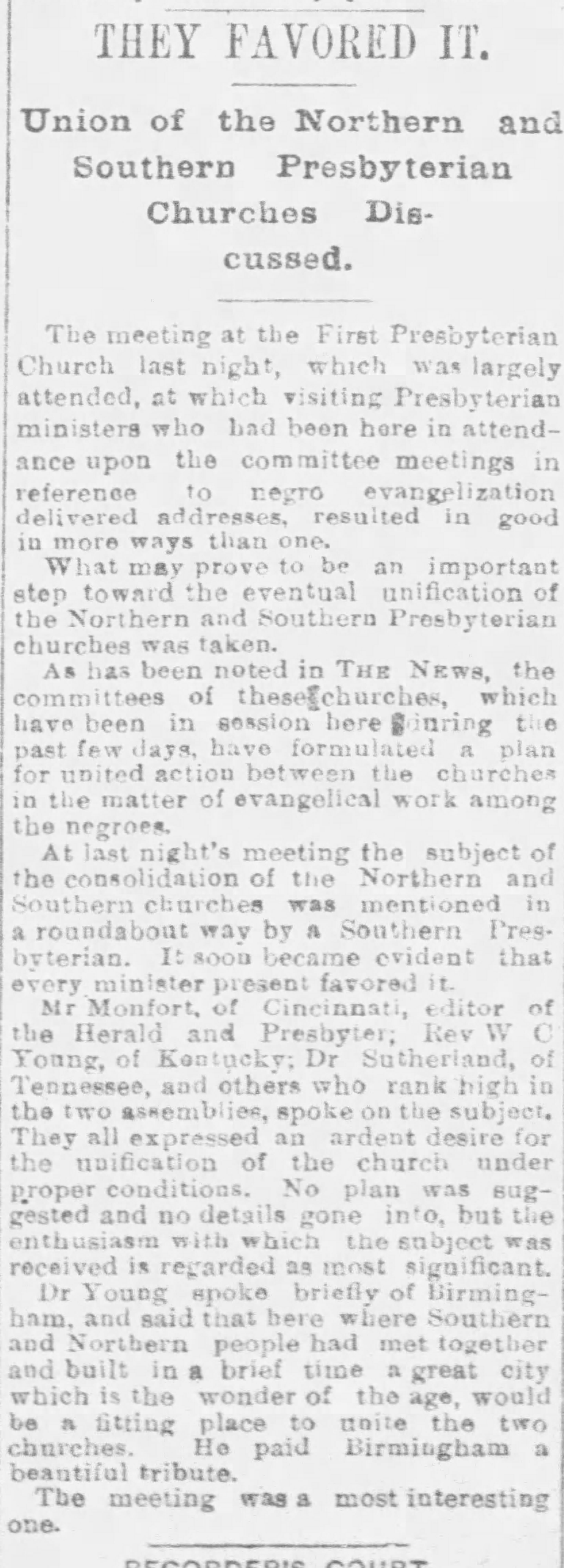 They Favored It. The Union of the Northernand Southern Presbyterian Churches Discussed